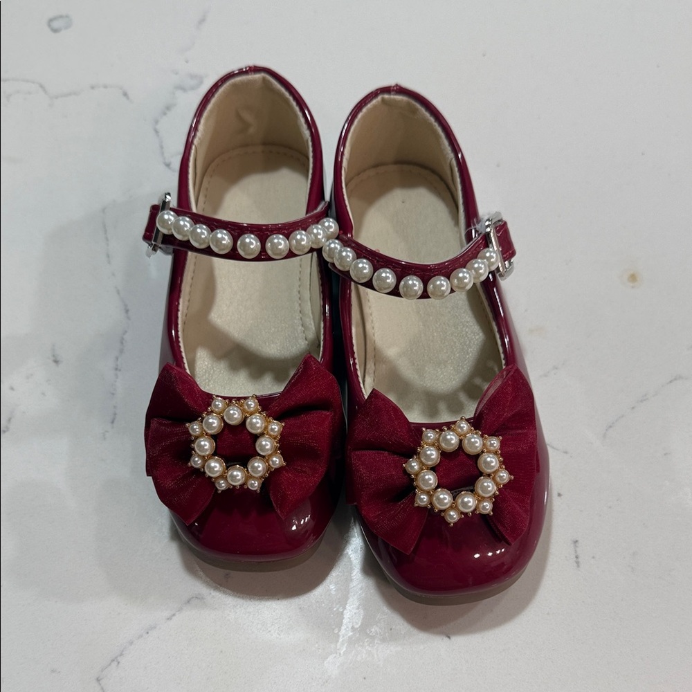 Chic Maroon Kids Dress Shoes with Pearl Details